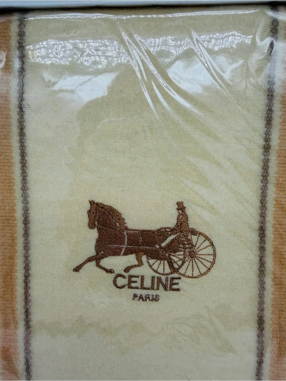 Celine Paris Blanket Embroidered Logo 140 x 240 cm Cream Tan Brown NIB